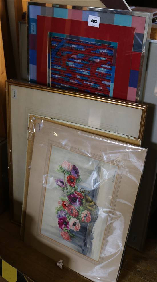 Two textile panels by Helen Pincus, Continental townscape by Seward & two other w/c of flowers (5, 4 framed)